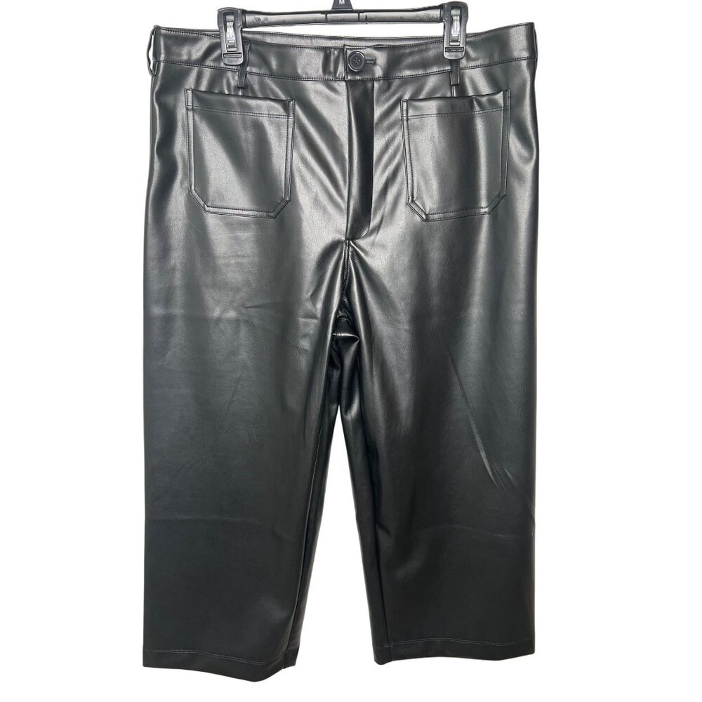 CeCe Womens Black Faux Leather Cropped Metallic Wide Leg Pants Black XL
